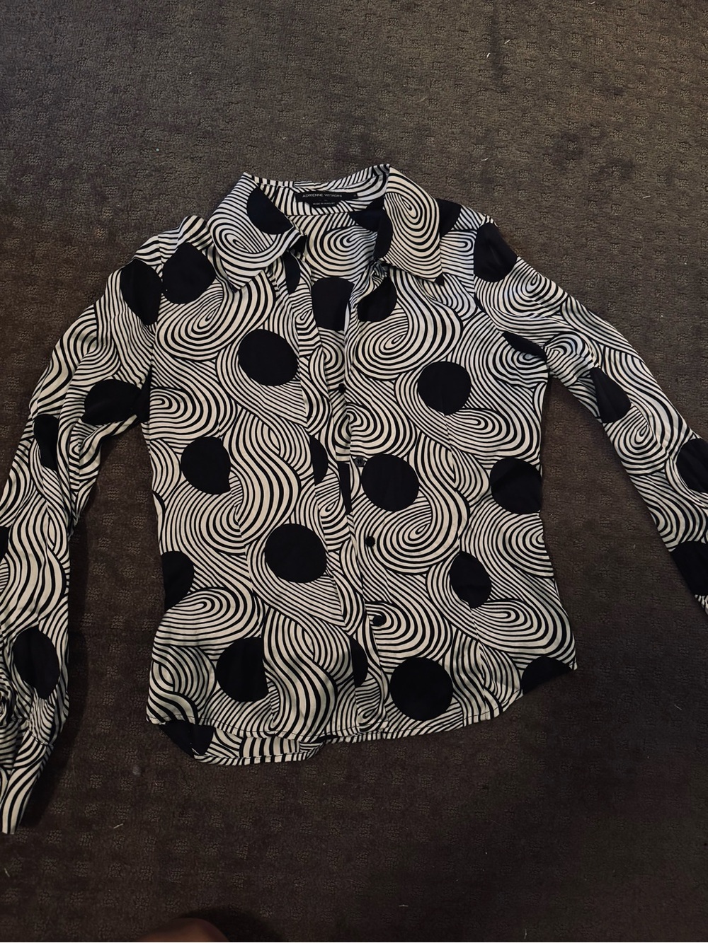 Adrienne Vittadini Black and White Swirl Dot Button-Down Shirt 100% silk